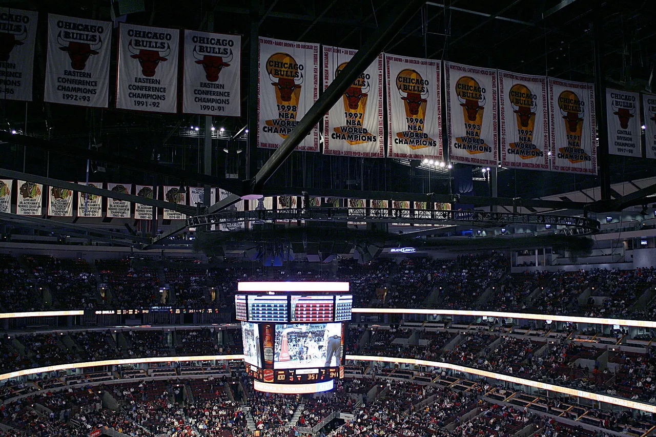 The court and championship banners inside the United Center.