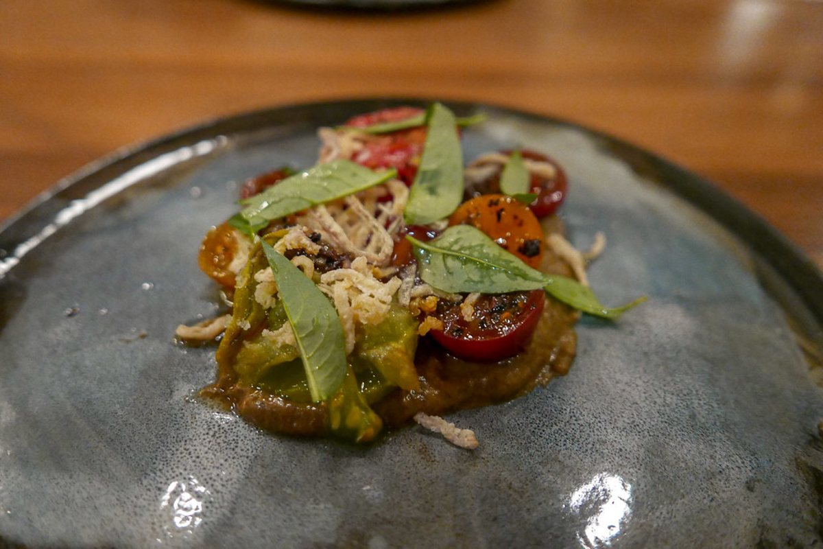 Archive tomato and eggplant dish at Elske, photographed in August 2018.